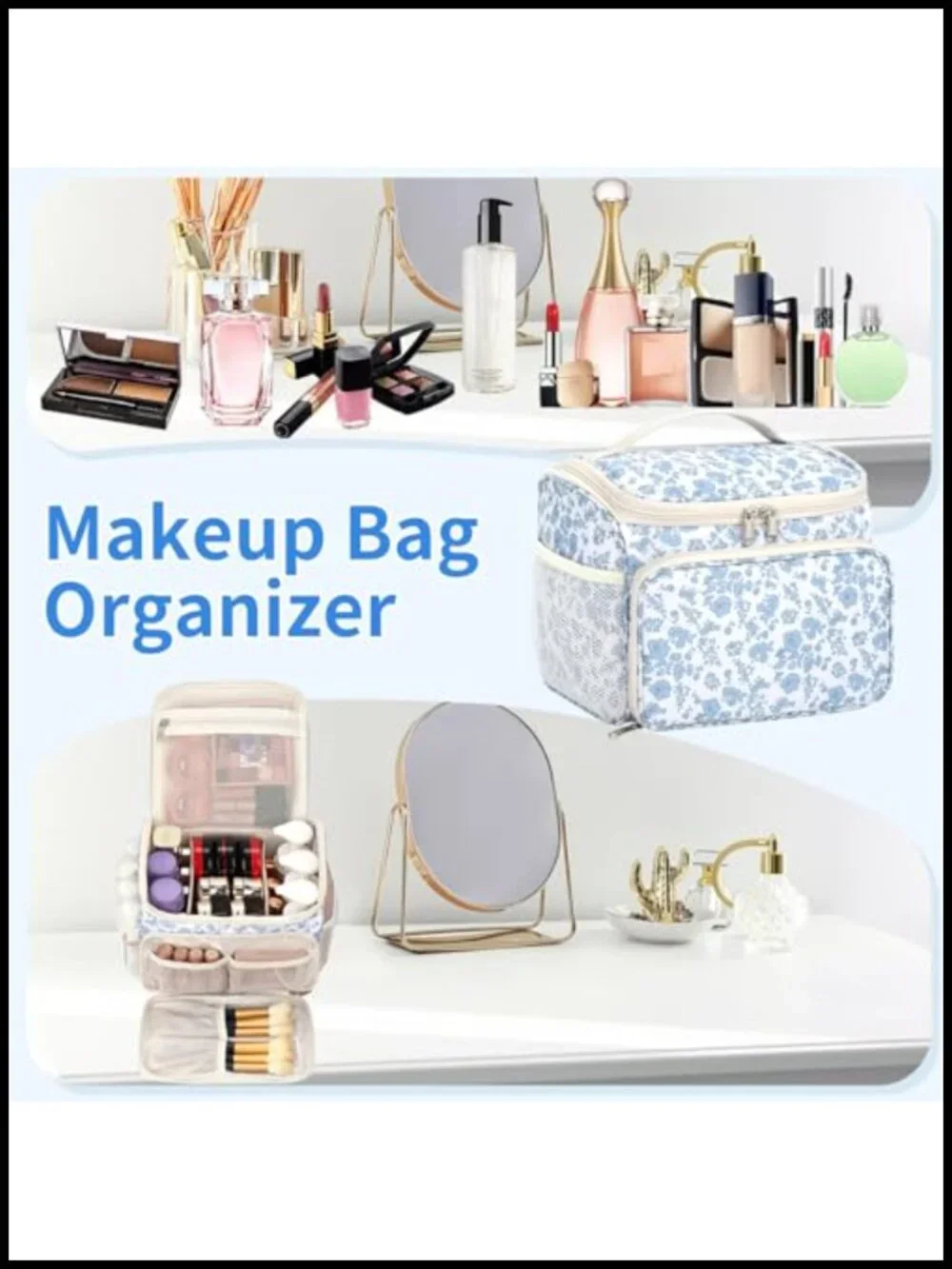 Large Vertical Makeup Bag with Brush Compartment, Quilted Toiletry Case with